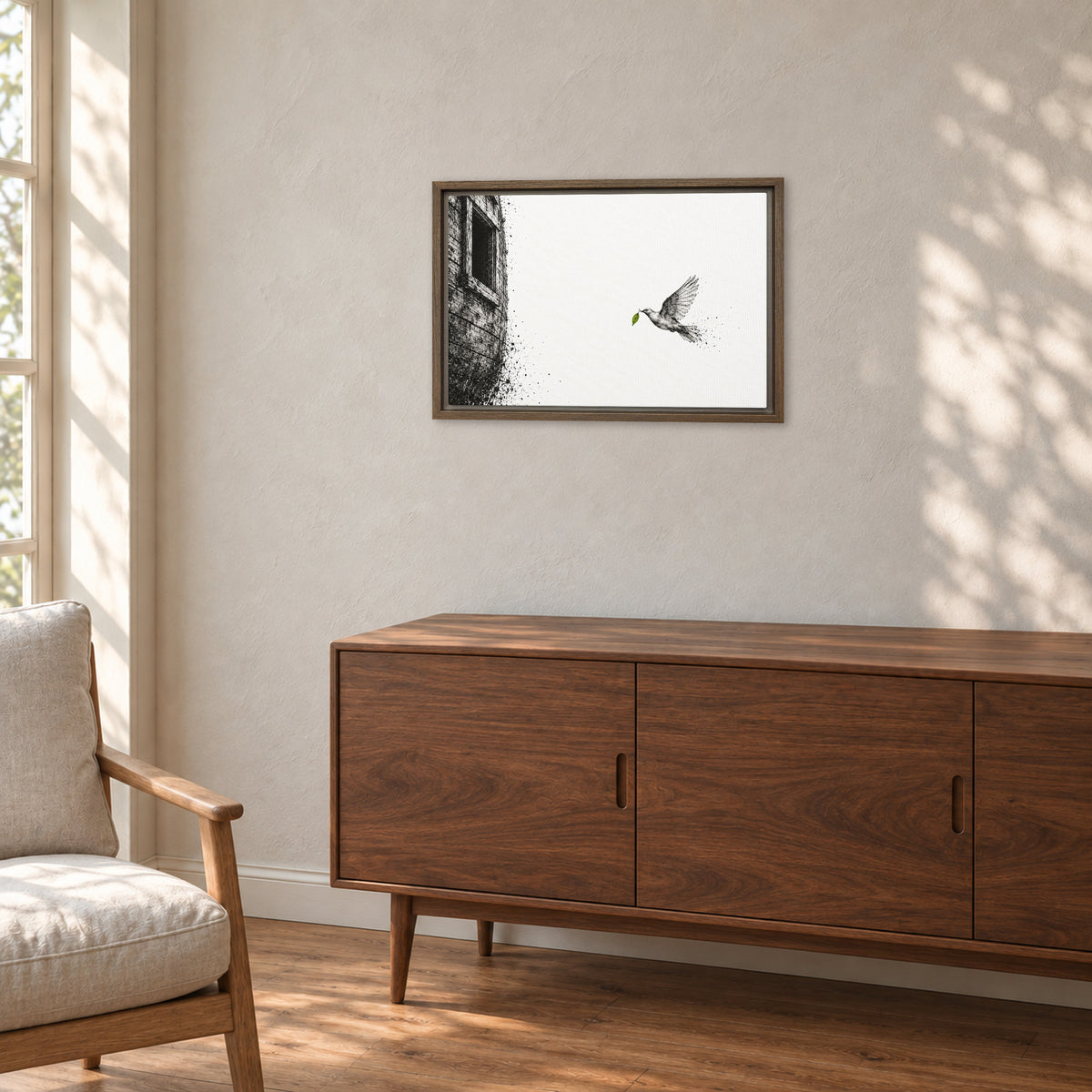 Still Green in a Nordic room, 18 × 12 in brown framed canvas